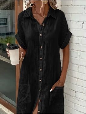 Black Button-Front Mini Shirt Dress with Pockets